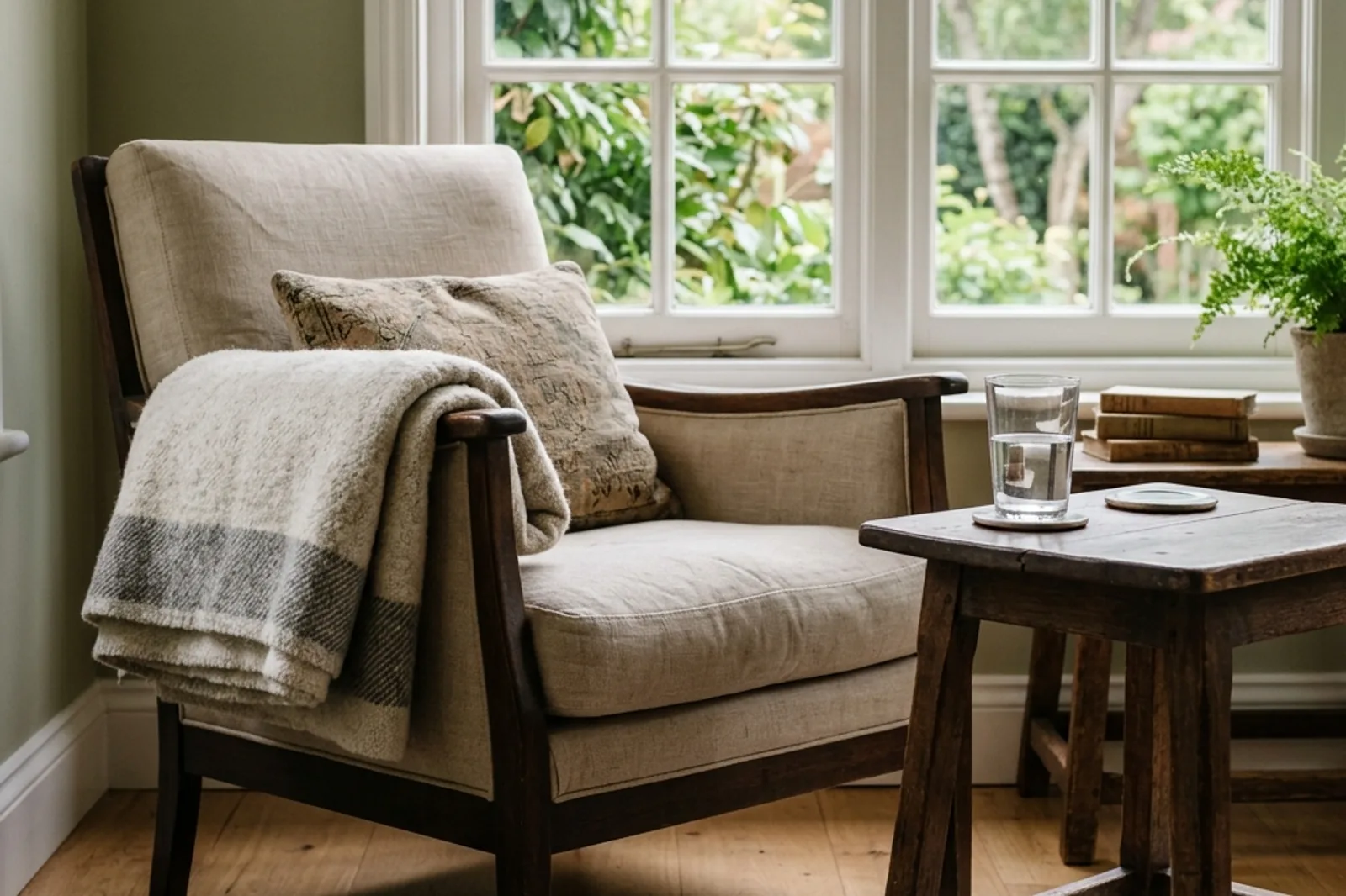 A quiet reading armchair with a folded wool blanket next to a window.